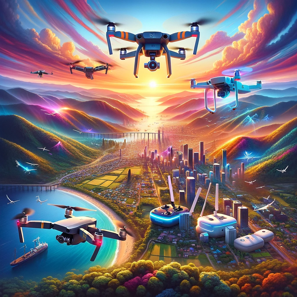 An assortment of drones flying in a vibrant sky at sunset, capturing diverse landscapes: a DJI Air 3 photographing the sunset, a DJI Mavic 3 Pro over a cityscape, a DJI Mini 3 near mountains, and an Autel Robotics Evo Lite+ above a beach.